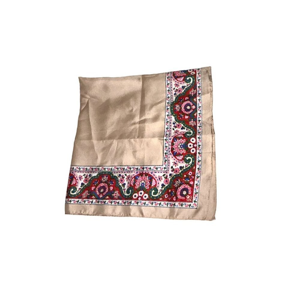 Glentex Vintage Gold Rectangle Red Floral Paisley Trim Polyester Italy Scarf